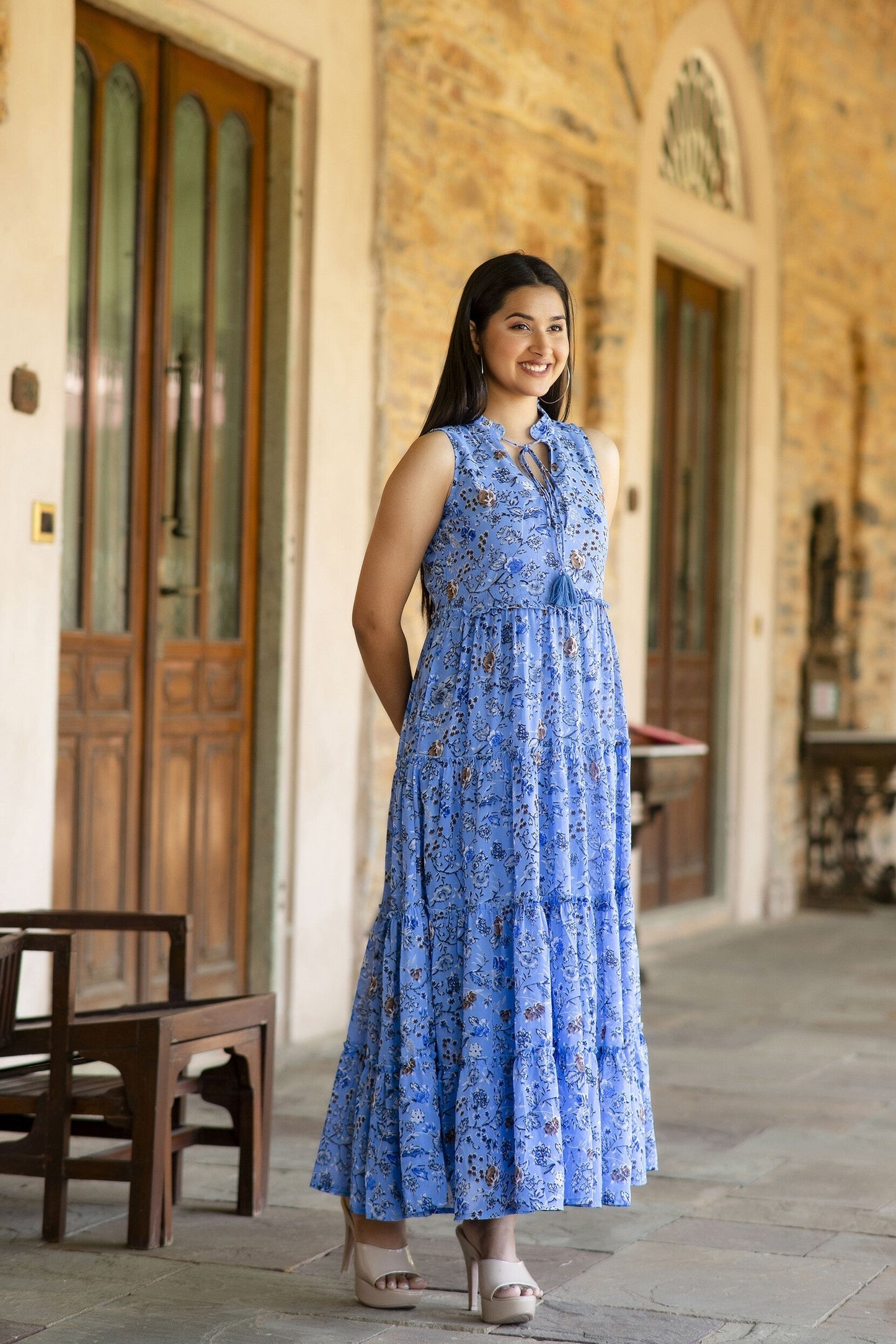 Women Blue Floral Printed Sleeveless Georgette Dress | LASVINI - Redefining Indian Fashion with Elegance