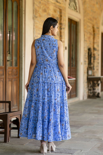 Women Blue Floral Printed Sleeveless Georgette Dress | LASVINI - Redefining Indian Fashion with Elegance
