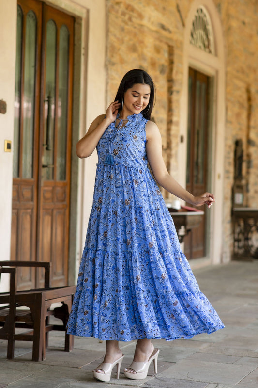 Women Blue Floral Printed Sleeveless Georgette Dress | LASVINI - Redefining Indian Fashion with Elegance