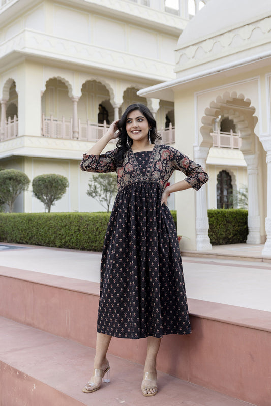 Women Black Ethnic Printed Flared Dress | LASVINI - Redefining Indian Fashion with Elegance