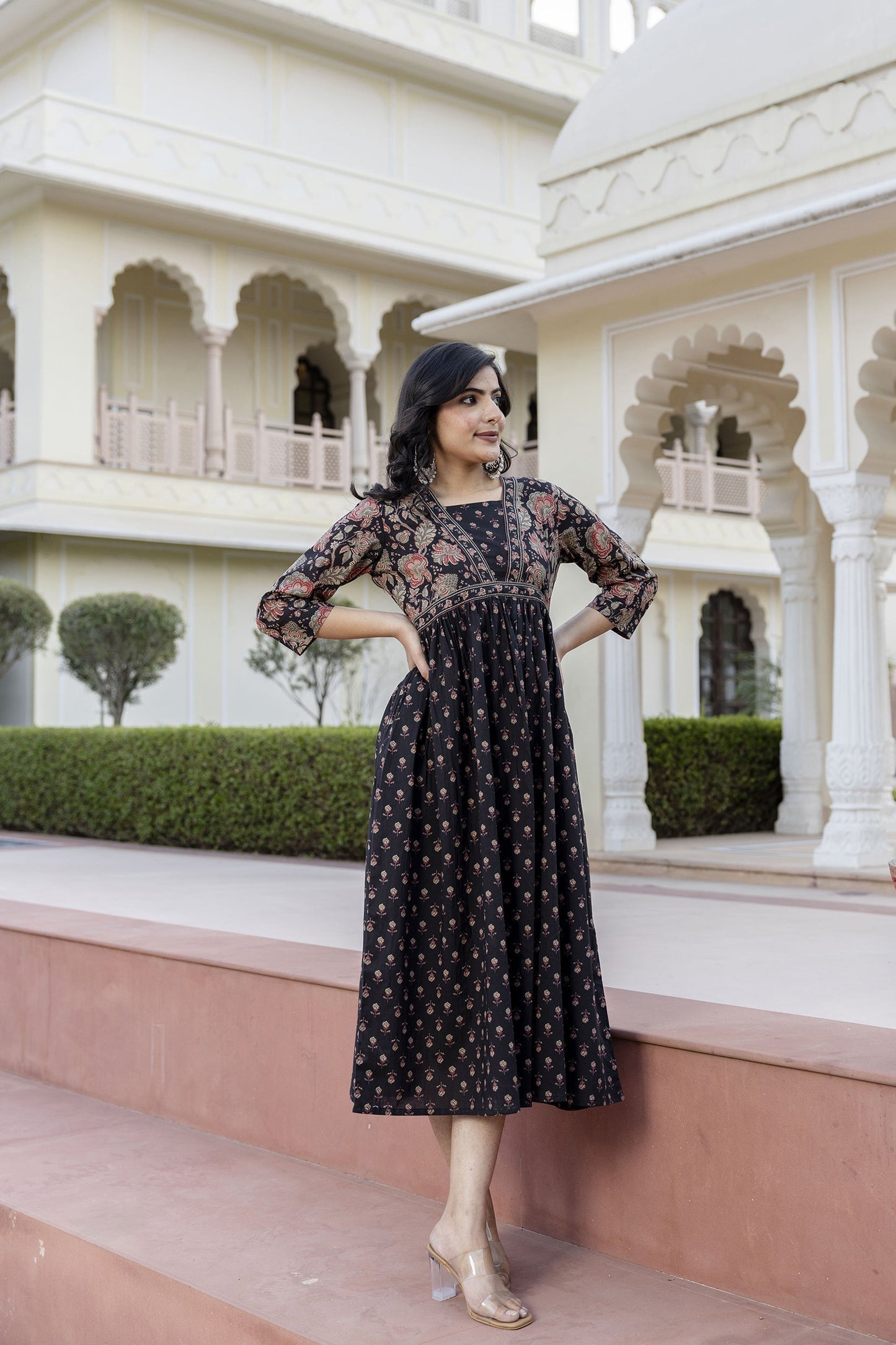 Women Black Ethnic Printed Flared Dress | LASVINI - Redefining Indian Fashion with Elegance