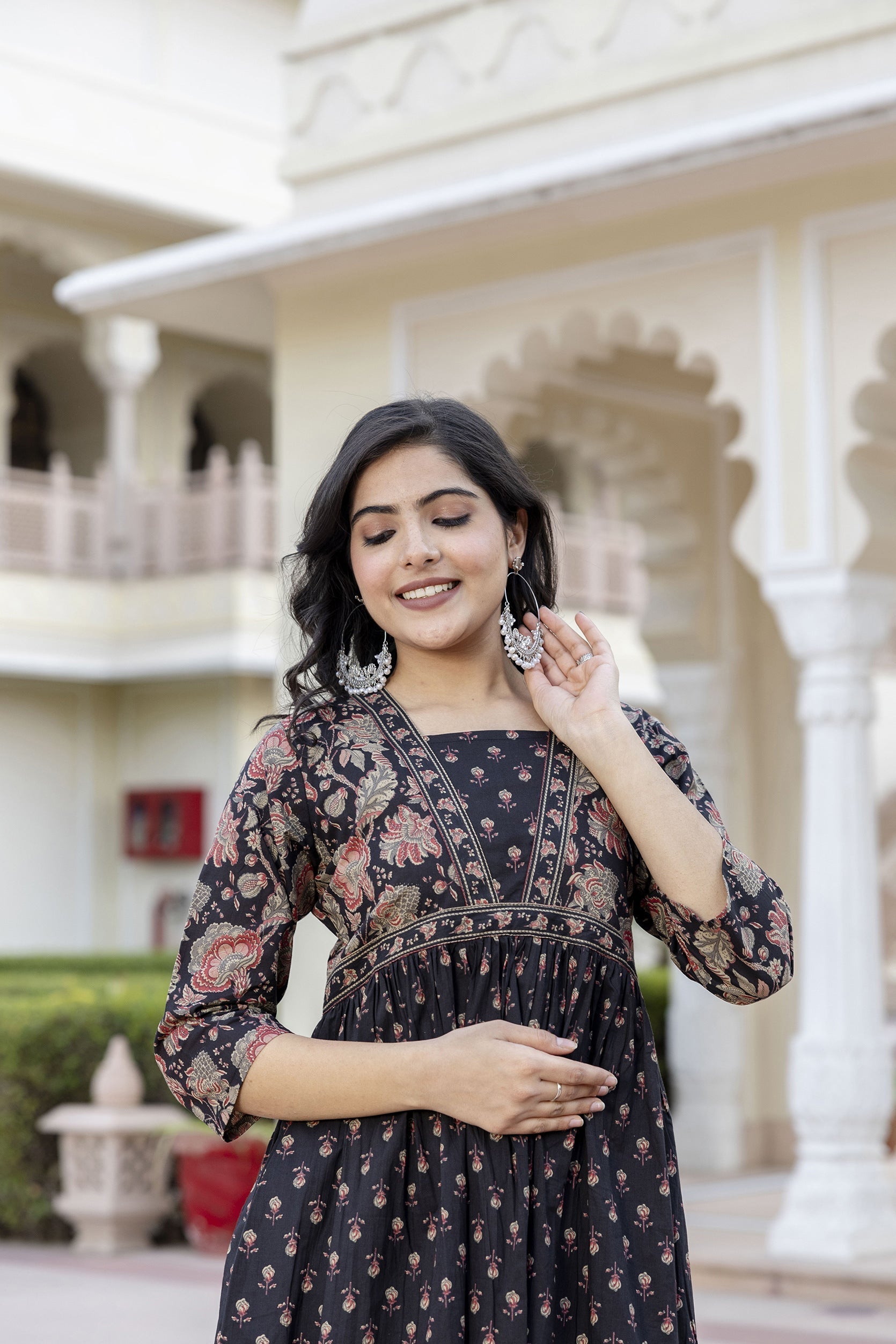 Women Black Ethnic Printed Flared Dress | LASVINI - Redefining Indian Fashion with Elegance