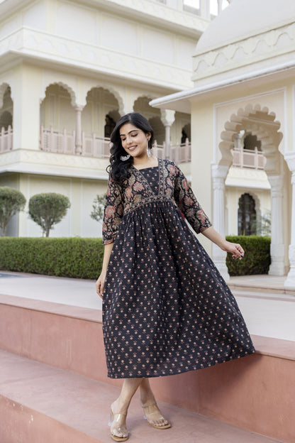 Women Black Ethnic Printed Flared Dress | LASVINI - Redefining Indian Fashion with Elegance