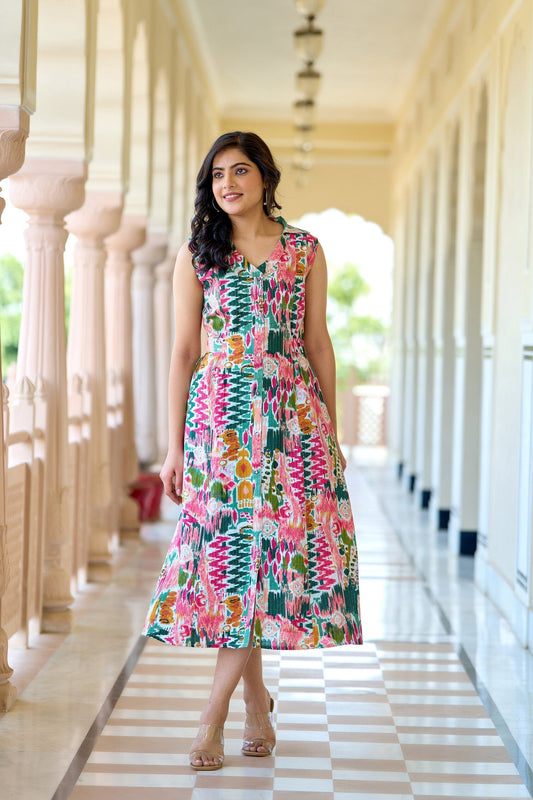 Women Multi Colure Printed Sleeveless A-Line Dress | LASVINI - Redefining Indian Fashion with Elegance