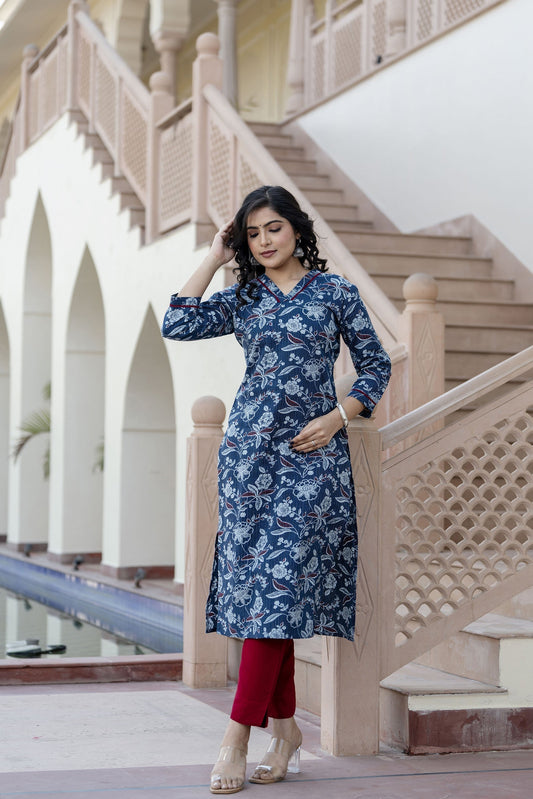Women Blue Printed Straight Kurta With Three Quarter Sleeves | LASVINI - Redefining Indian Fashion with Elegance