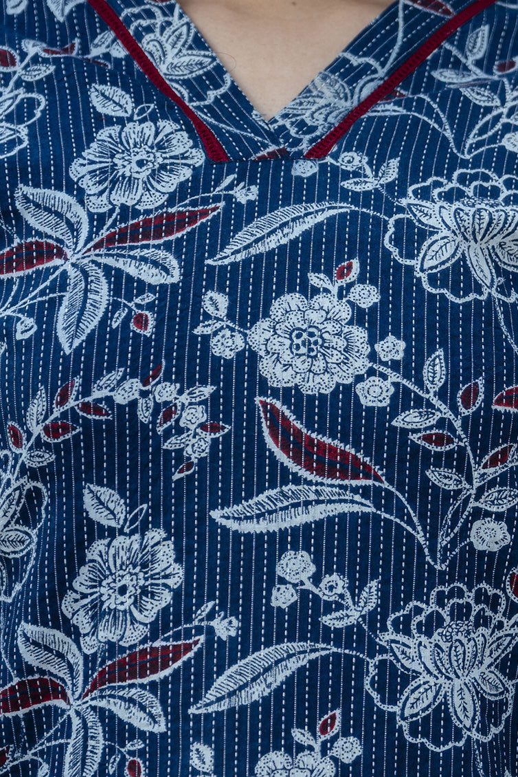 Women Blue Printed Straight Kurta With Three Quarter Sleeves | LASVINI - Redefining Indian Fashion with Elegance