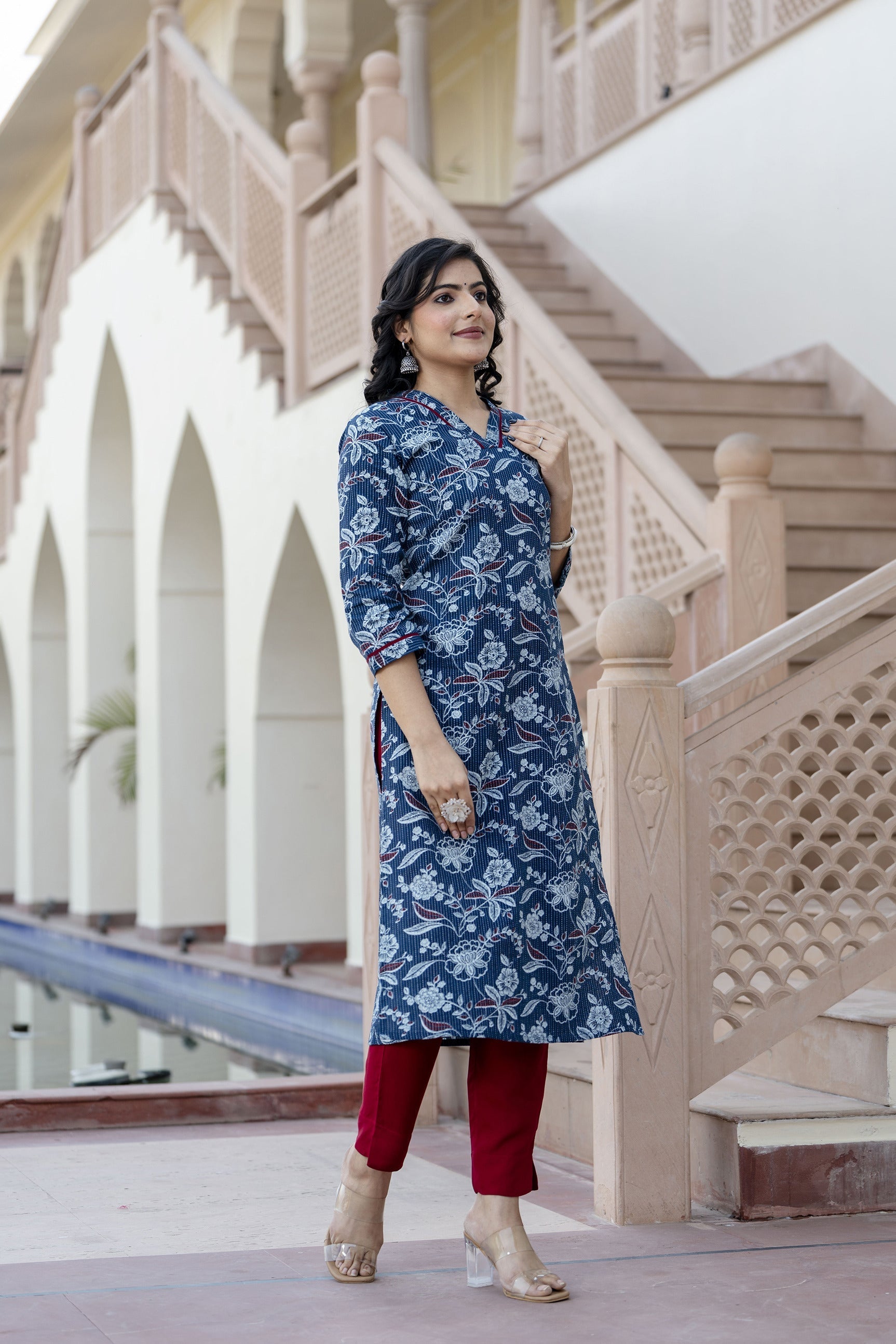 Women Blue Printed Straight Kurta With Three Quarter Sleeves | LASVINI - Redefining Indian Fashion with Elegance