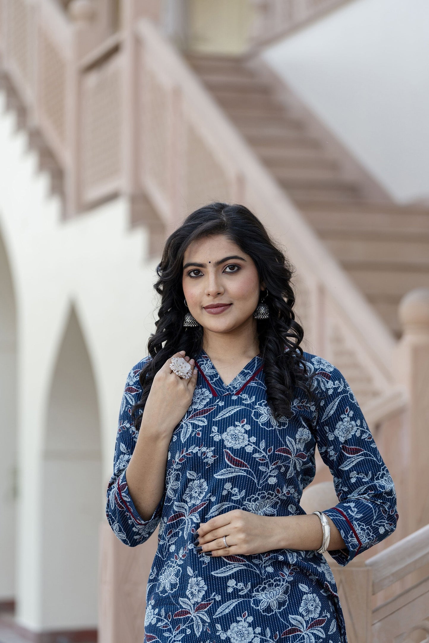 Women Blue Printed Straight Kurta With Three Quarter Sleeves | LASVINI - Redefining Indian Fashion with Elegance