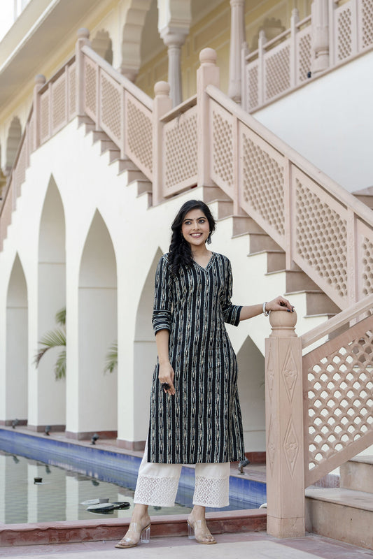 Women Black Ikat Printed Straight V-Neck Kurta | LASVINI - Redefining Indian Fashion with Elegance