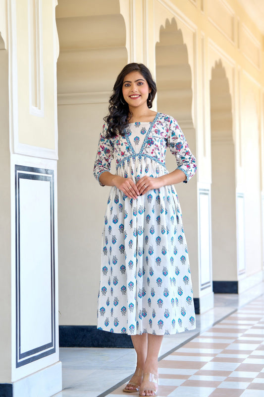Women White Printed Flared Dress | LASVINI - Redefining Indian Fashion with Elegance