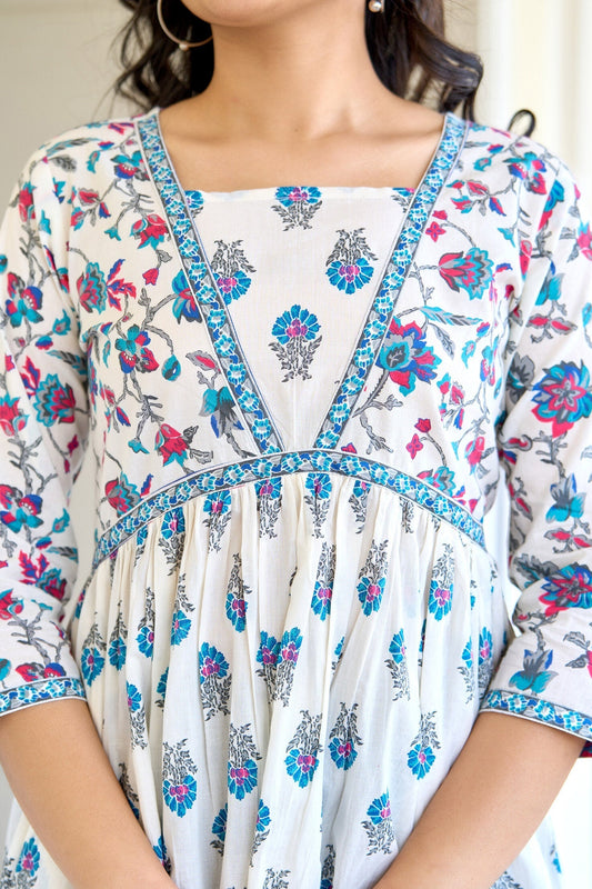 Women White Printed Flared Dress | LASVINI - Redefining Indian Fashion with Elegance