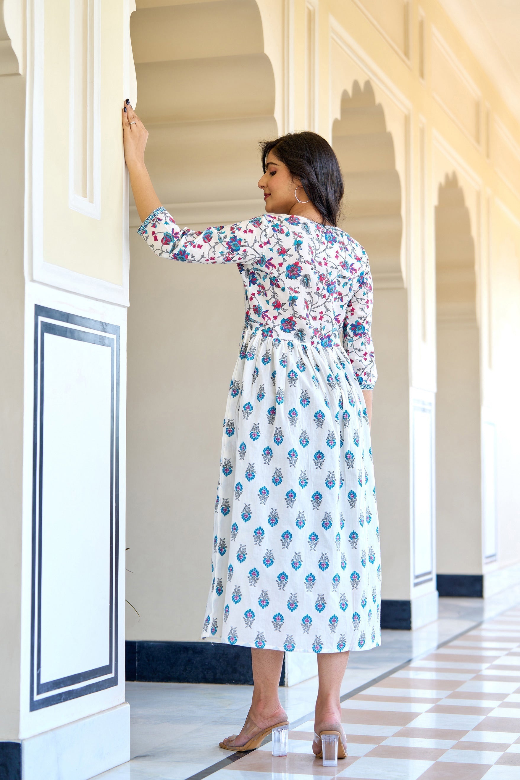 Women White Printed Flared Dress | LASVINI - Redefining Indian Fashion with Elegance
