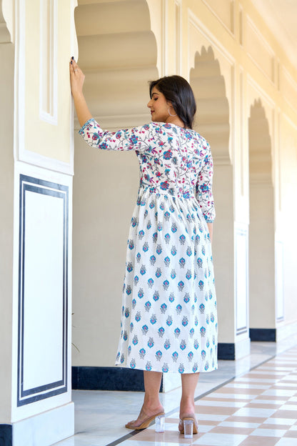 Women White Printed Flared Dress | LASVINI - Redefining Indian Fashion with Elegance
