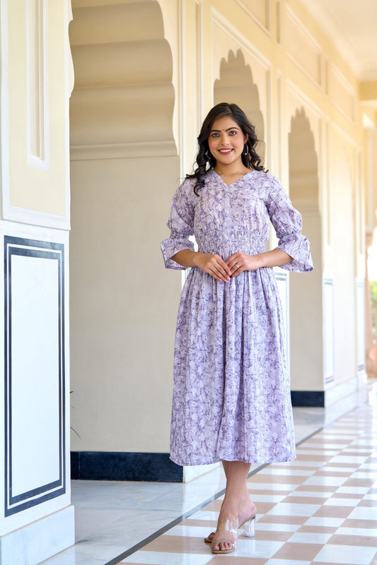Women Purple Printed Flared Dress | LASVINI - Redefining Indian Fashion with Elegance