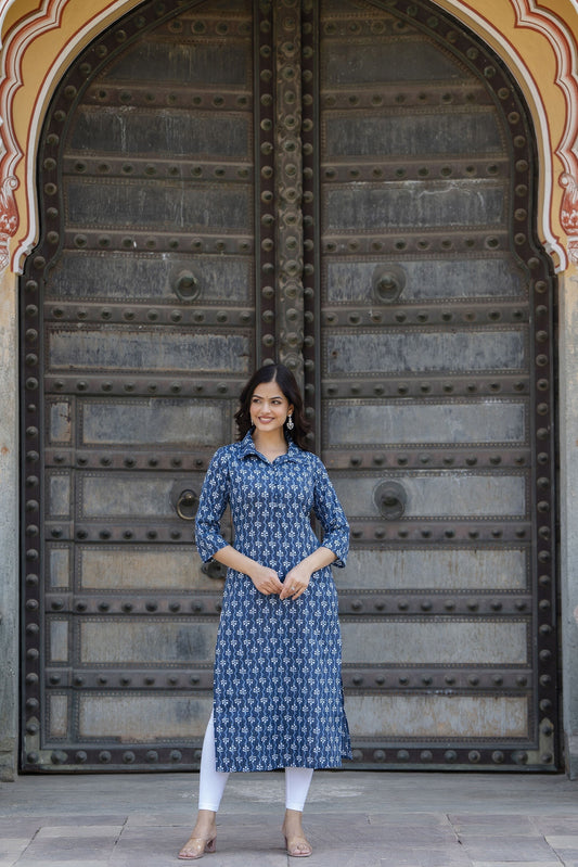 Women Blue Printed Straight Kurta With Three Quarter Sleeves | LASVINI - Redefining Indian Fashion with Elegance