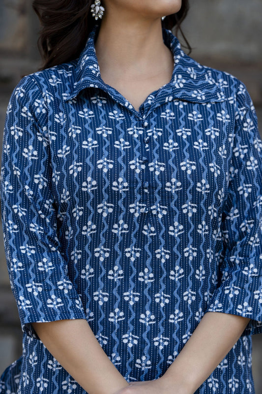 Women Blue Printed Straight Kurta With Three Quarter Sleeves | LASVINI - Redefining Indian Fashion with Elegance