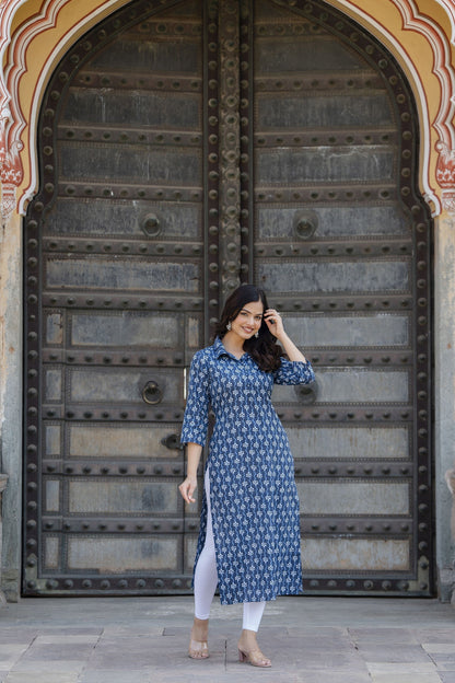 Women Blue Printed Straight Kurta With Three Quarter Sleeves | LASVINI - Redefining Indian Fashion with Elegance