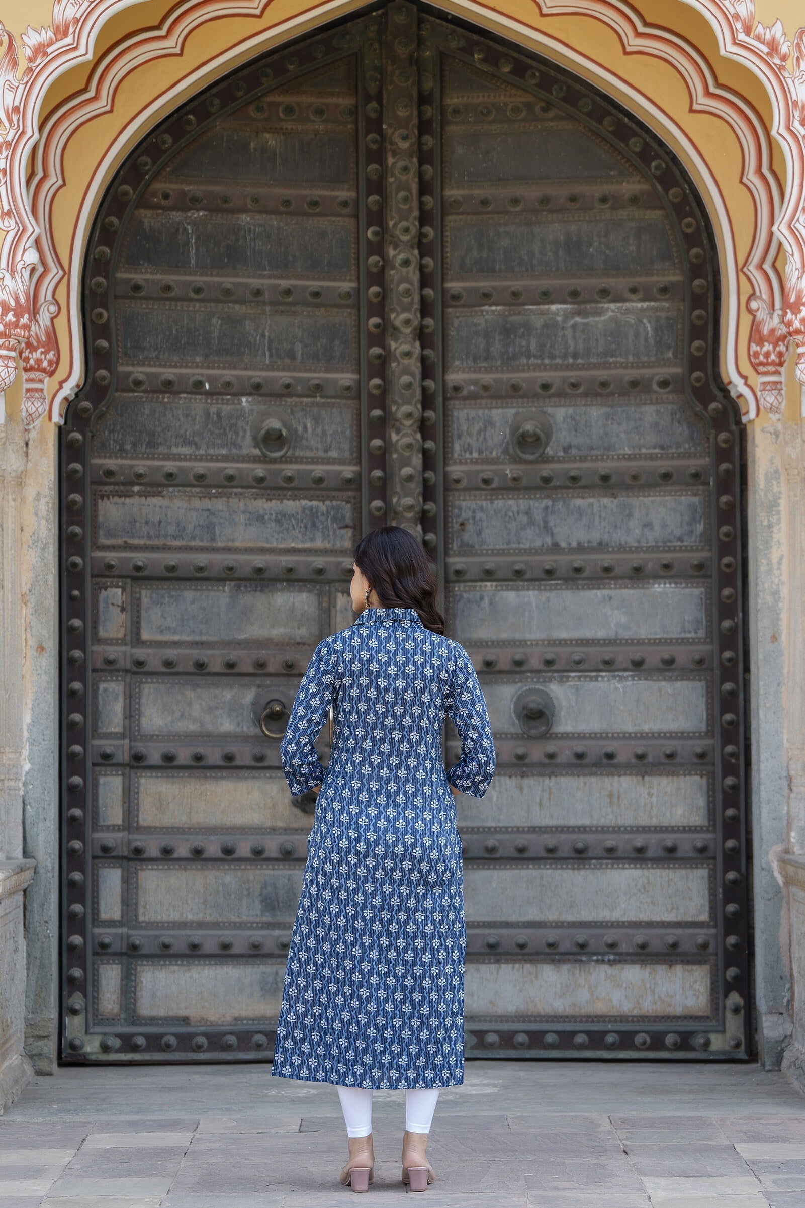 Women Blue Printed Straight Kurta With Three Quarter Sleeves | LASVINI - Redefining Indian Fashion with Elegance