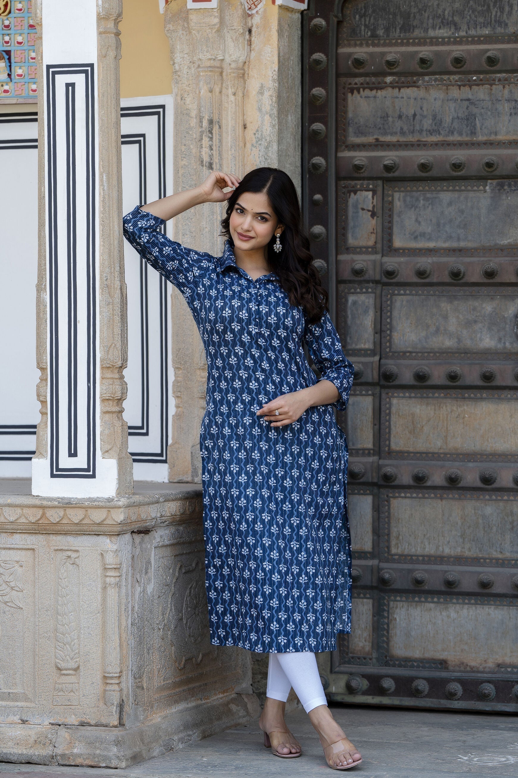 Women Blue Printed Straight Kurta With Three Quarter Sleeves | LASVINI - Redefining Indian Fashion with Elegance