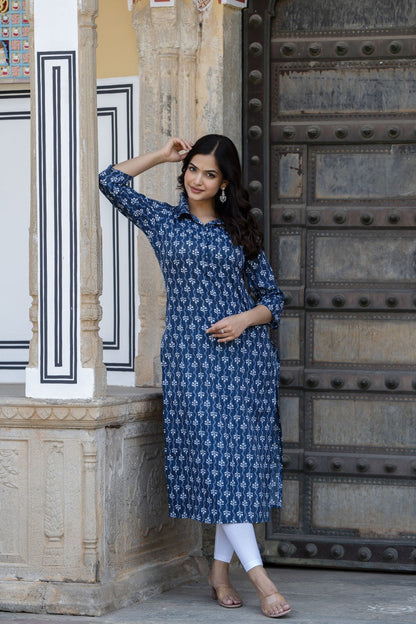 Women Blue Printed Straight Kurta With Three Quarter Sleeves | LASVINI - Redefining Indian Fashion with Elegance