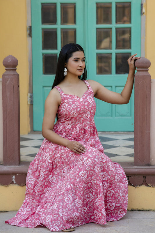 Women Pink Floral Printed Sleeveless Flared Dress | LASVINI - Redefining Indian Fashion with Elegance