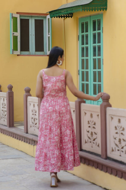 Women Pink Floral Printed Sleeveless Flared Dress | LASVINI - Redefining Indian Fashion with Elegance