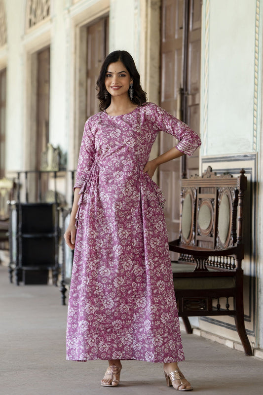Women Pink Printed Flared Dress With Three Quarter Sleeves | LASVINI - Redefining Indian Fashion with Elegance