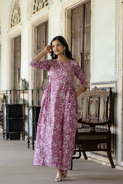 Women Pink Printed Flared Dress With Three Quarter Sleeves | LASVINI - Redefining Indian Fashion with Elegance