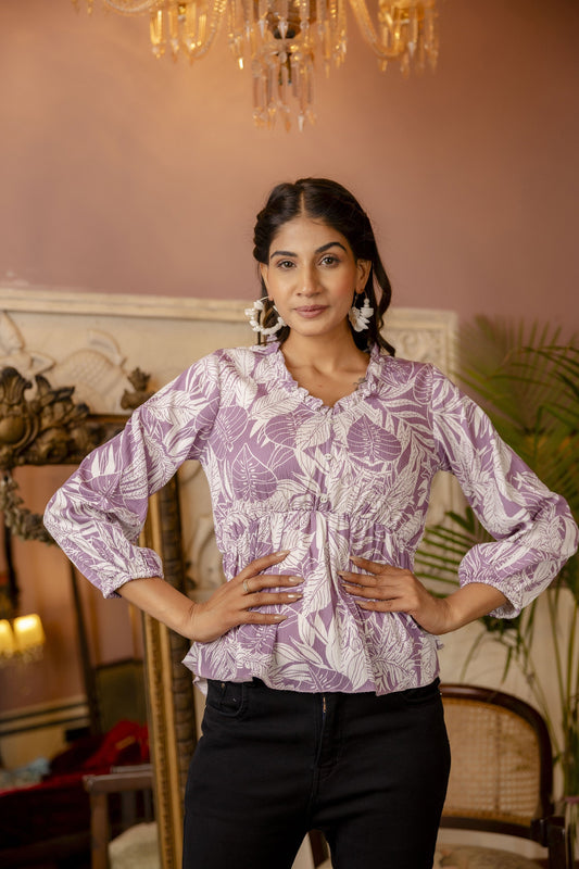 Women Purple Printed V-Neck Peplum Tunic | LASVINI - Redefining Indian Fashion with Elegance