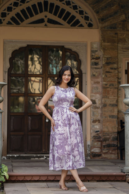 Women Purple Abstract Printed Sleeveless Midi Dress | LASVINI - Redefining Indian Fashion with Elegance