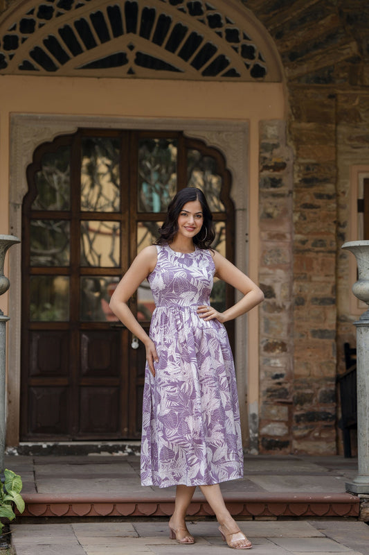 Women Purple Abstract Printed Sleeveless Midi Dress | LASVINI - Redefining Indian Fashion with Elegance