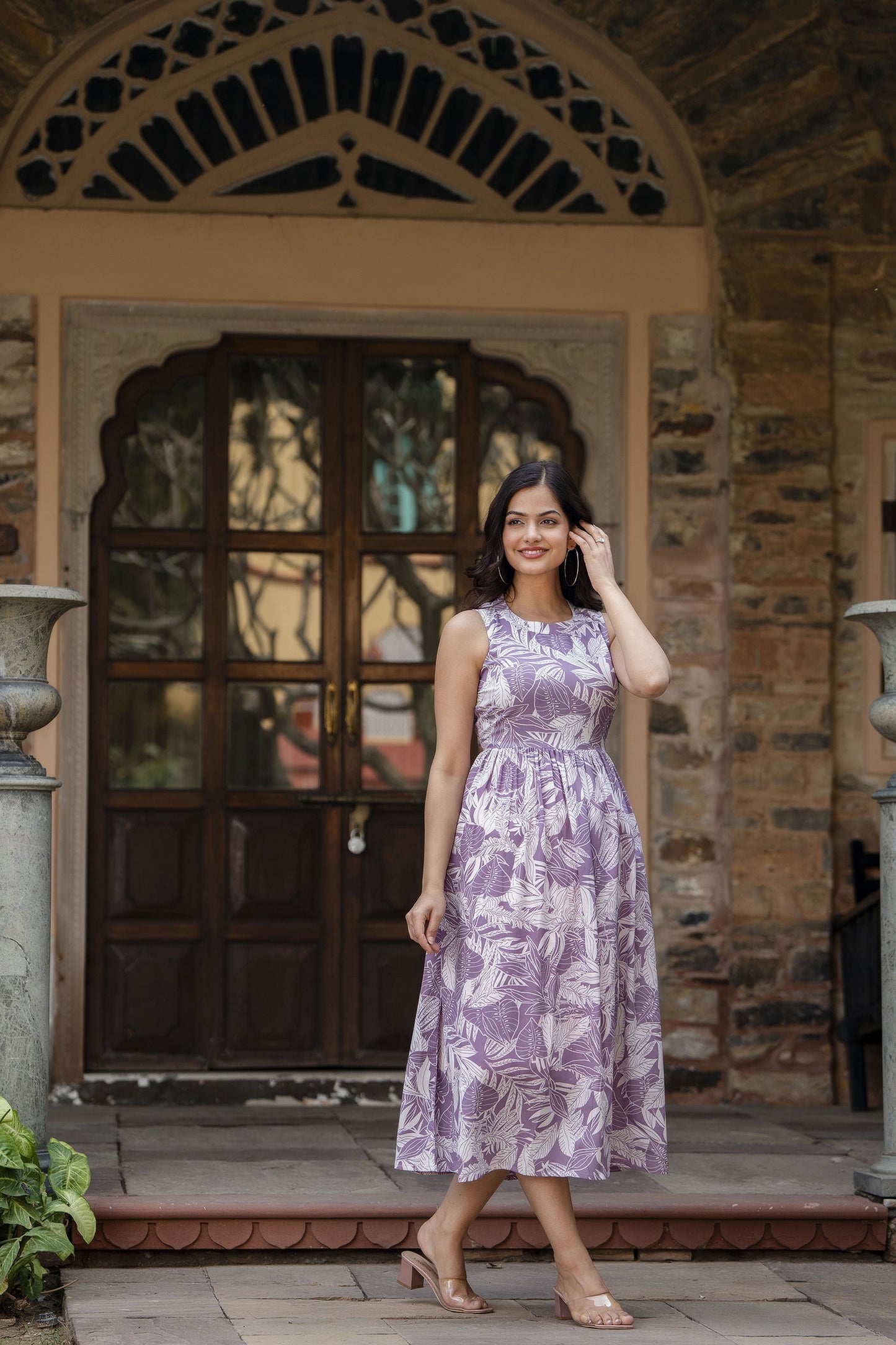 Women Purple Abstract Printed Sleeveless Midi Dress | LASVINI - Redefining Indian Fashion with Elegance