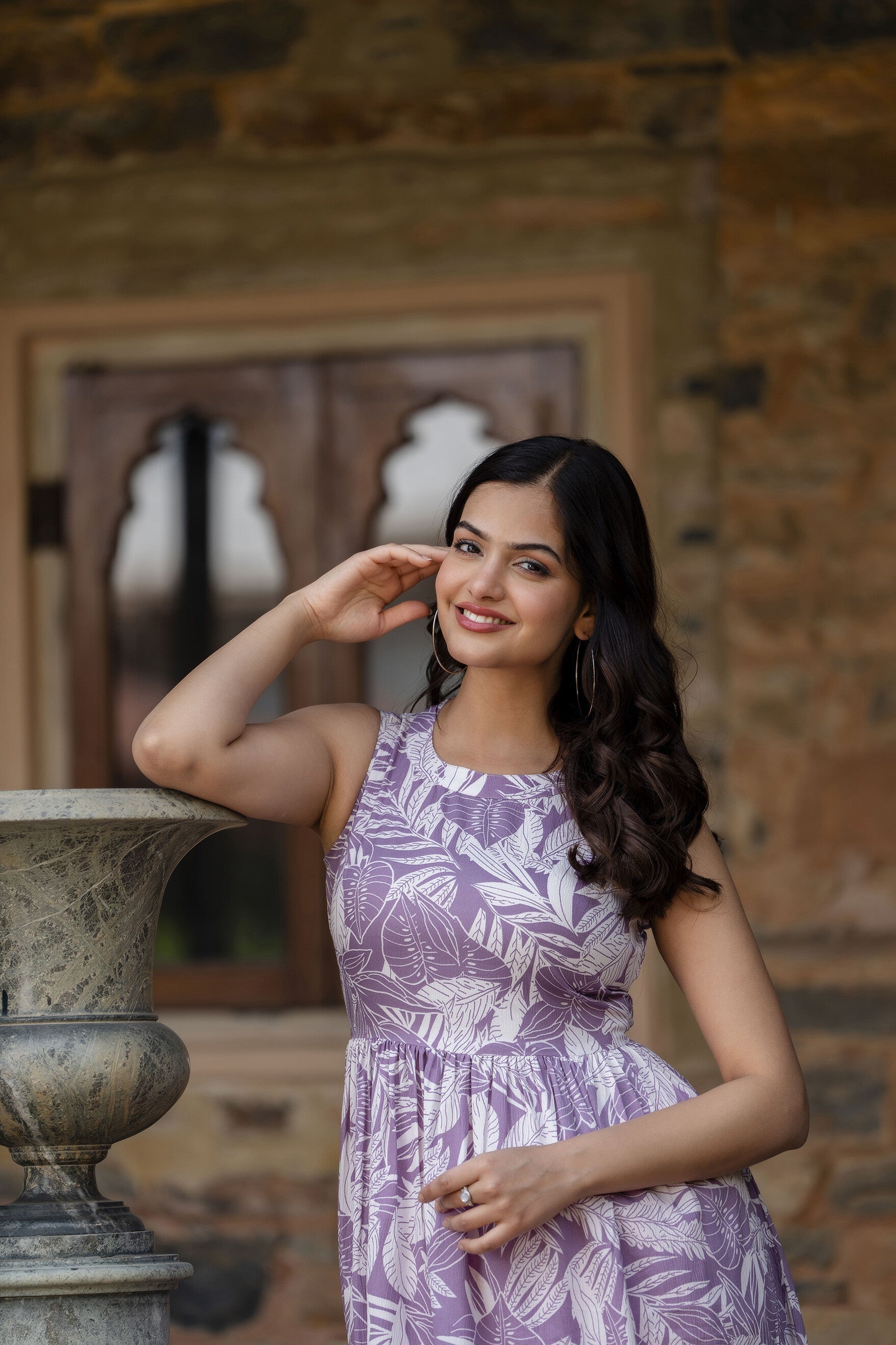 Women Purple Abstract Printed Sleeveless Midi Dress | LASVINI - Redefining Indian Fashion with Elegance