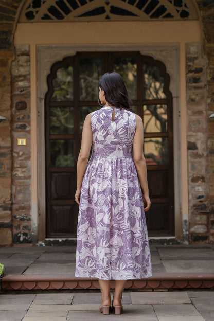 Women Purple Abstract Printed Sleeveless Midi Dress | LASVINI - Redefining Indian Fashion with Elegance