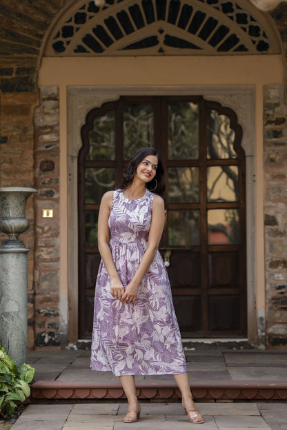 Women Purple Abstract Printed Sleeveless Midi Dress | LASVINI - Redefining Indian Fashion with Elegance
