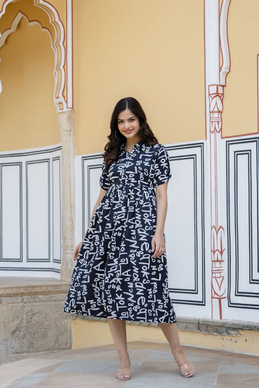 Women Black Abstract Printed Midi Dress | LASVINI - Redefining Indian Fashion with Elegance
