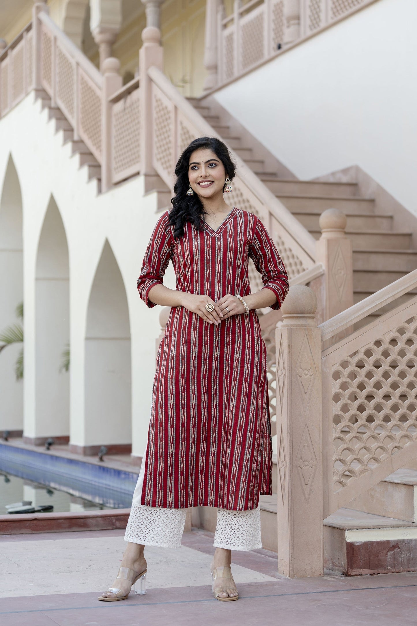 Women Maroon Ikat Printed Straight V-Neck Kurta | LASVINI - Redefining Indian Fashion with Elegance