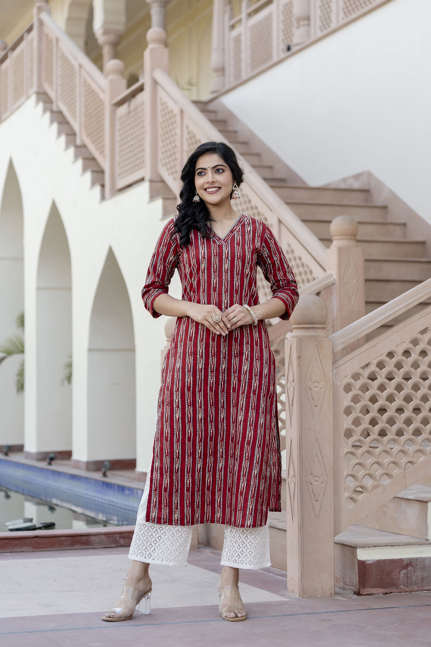 Women Maroon Ikat Printed Straight V-Neck Kurta | LASVINI - Redefining Indian Fashion with Elegance