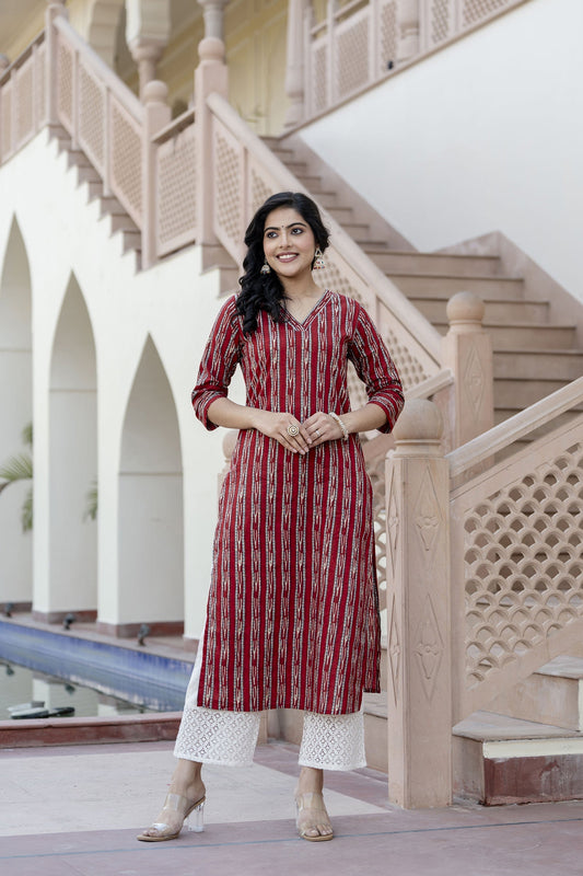 Women Maroon Ikat Printed Straight V-Neck Kurta | LASVINI - Redefining Indian Fashion with Elegance