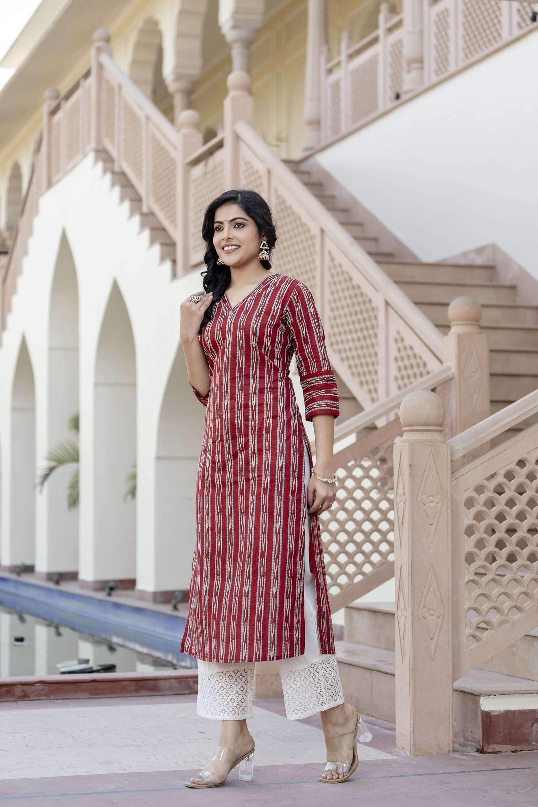Women Maroon Ikat Printed Straight V-Neck Kurta | LASVINI - Redefining Indian Fashion with Elegance