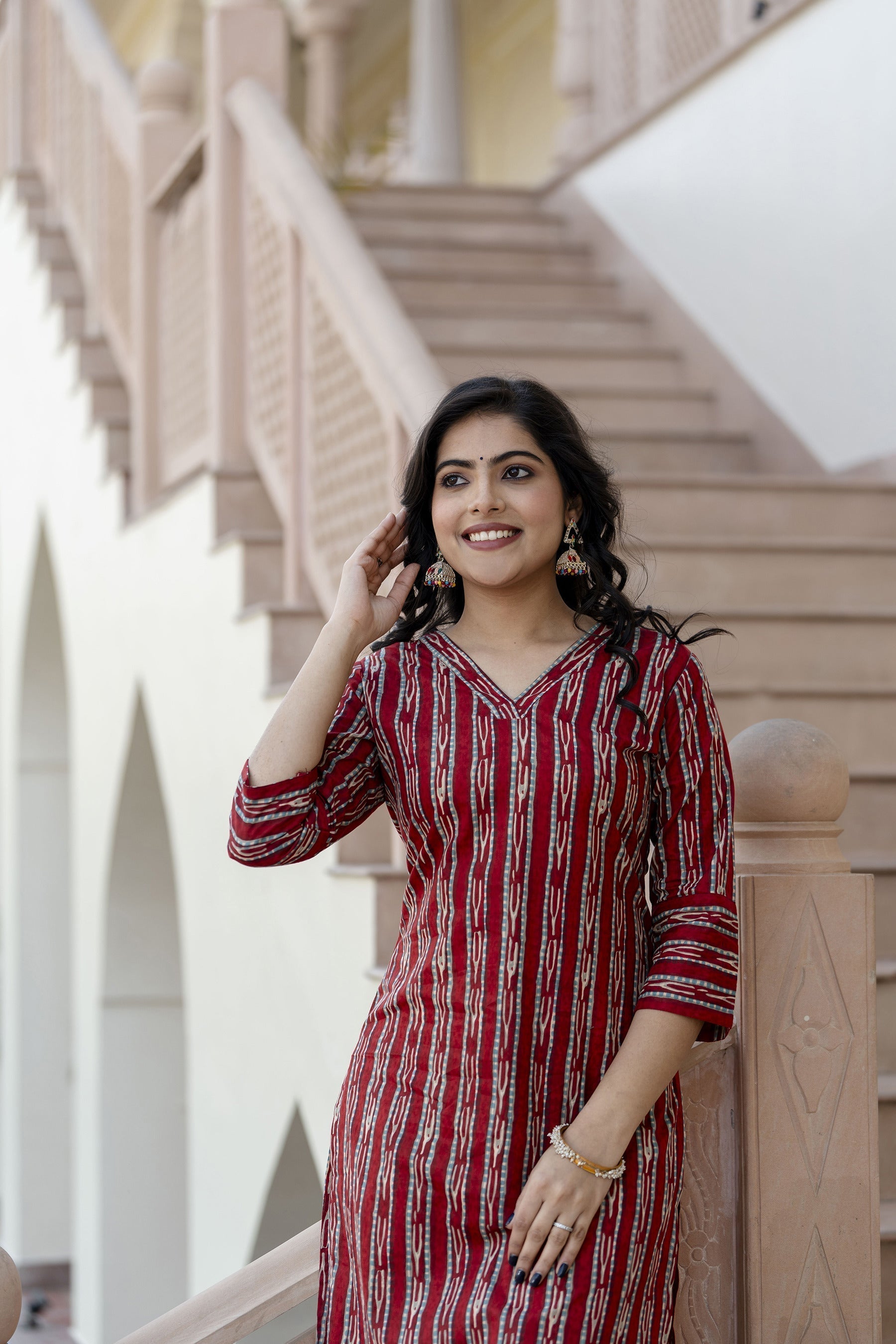 Women Maroon Ikat Printed Straight V-Neck Kurta | LASVINI - Redefining Indian Fashion with Elegance