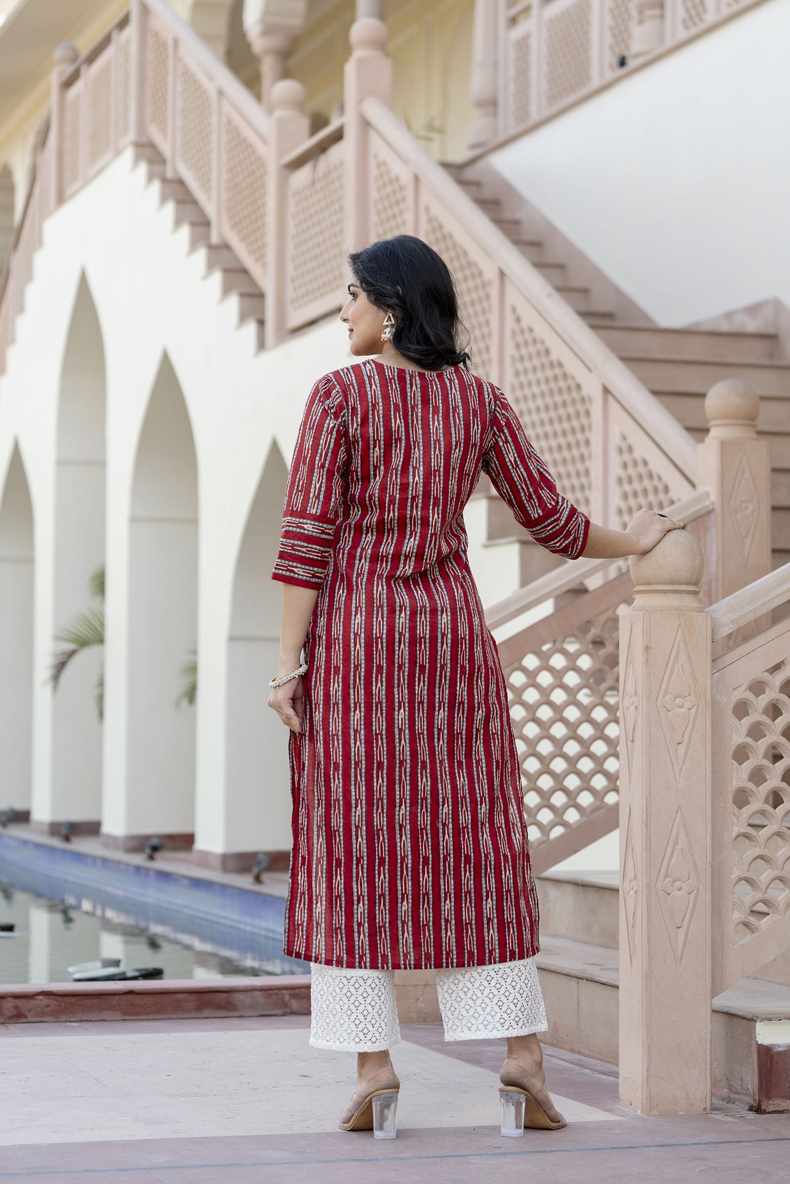Women Maroon Ikat Printed Straight V-Neck Kurta | LASVINI - Redefining Indian Fashion with Elegance