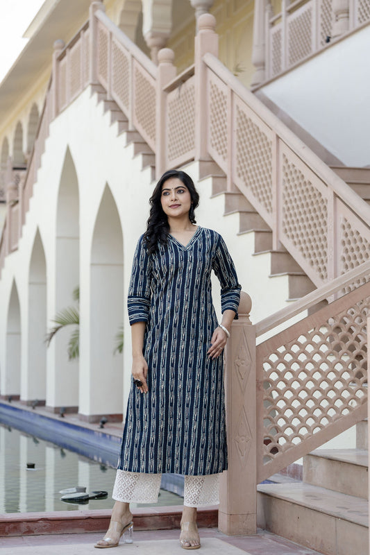 Women Blue Printed Straight Kurta With Three Quarter Sleeves | LASVINI - Redefining Indian Fashion with Elegance