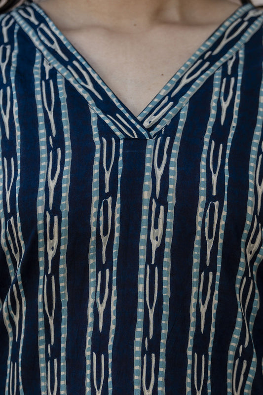 Women Blue Printed Straight Kurta With Three Quarter Sleeves | LASVINI - Redefining Indian Fashion with Elegance