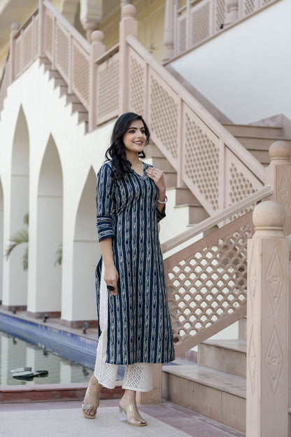 Women Blue Printed Straight Kurta With Three Quarter Sleeves | LASVINI - Redefining Indian Fashion with Elegance