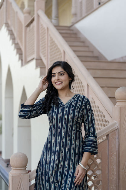 Women Blue Printed Straight Kurta With Three Quarter Sleeves | LASVINI - Redefining Indian Fashion with Elegance