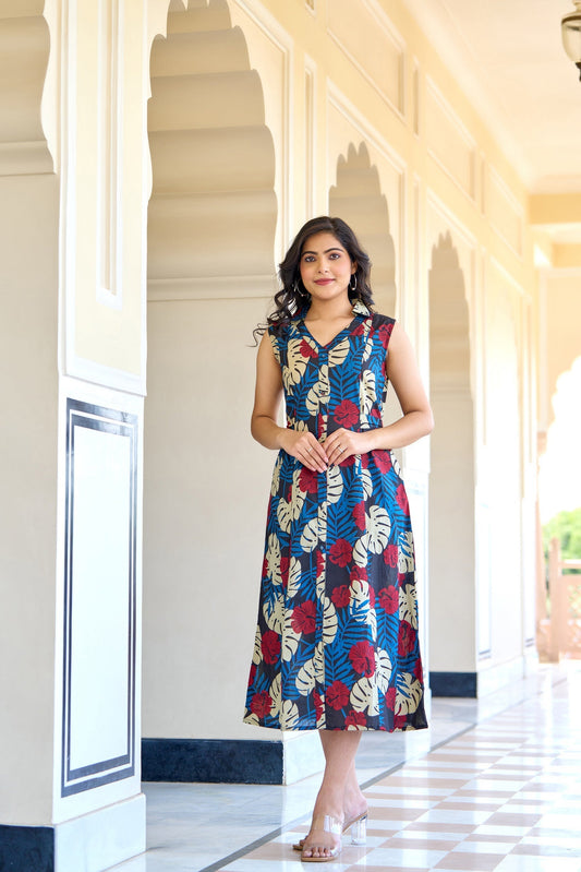 Women Black Abstract Printed Sleeveless A-Line Dress | LASVINI - Redefining Indian Fashion with Elegance