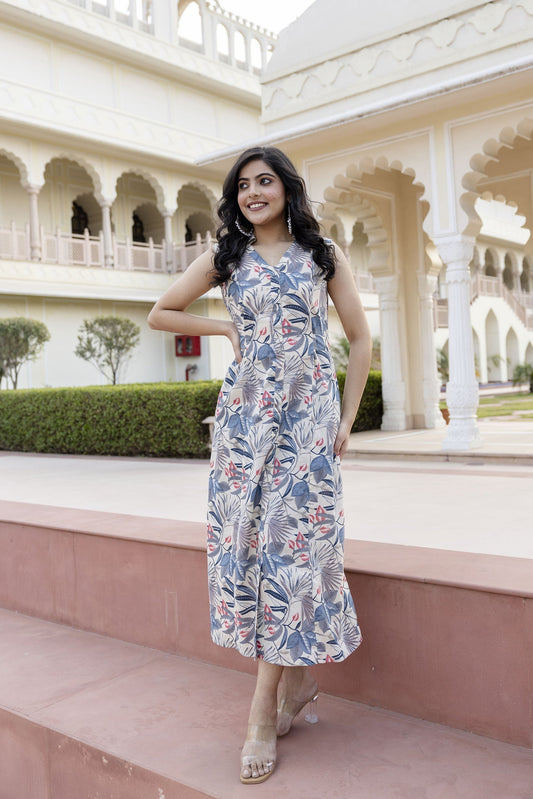 Women Off White Abstract Printed Sleeveless Midi Dress | LASVINI - Redefining Indian Fashion with Elegance