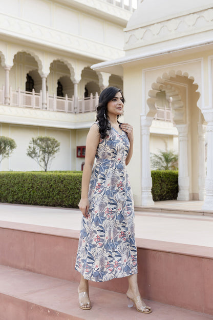 Women Off White Abstract Printed Sleeveless Midi Dress | LASVINI - Redefining Indian Fashion with Elegance