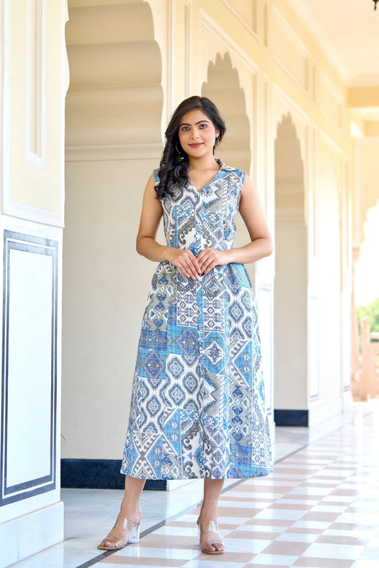 Women Off White Abstract Printed Sleeveless Midi Dress | LASVINI - Redefining Indian Fashion with Elegance